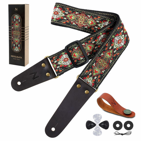 Picture of Nefelibata Guitar Strap, 2" Embroidery Full Grain Leather Ends Guitar Straps with Hidden Pocket, for Bass, Electric and Acoustic Guitars, Strap Button, Strap Locks and Guitar Picks