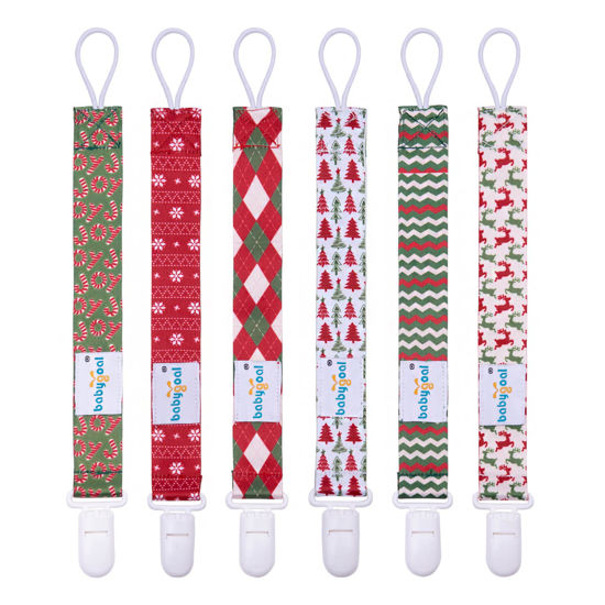 Picture of Babygoal Christmas Pacifier Clips, 6 Pack Binky Paci Holder and Leash for Boys and Girls Fits for Most Pacifier, Binkie Styles & Baby Teethers & Toys and Xmas Gift 6PB19