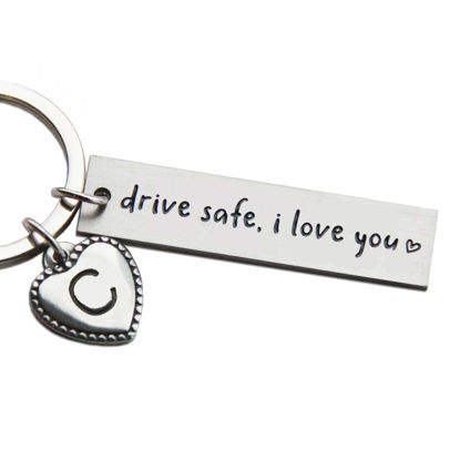 Picture of OFlyDesigns Personalized Initial Key Chain Gift, Drive Safe I Love You, Stamped Stainless Steel Keychain, Valentine's Gift, New Driver Gift, to Boyfriend, Personalized First Car Key Chain Drive Safe