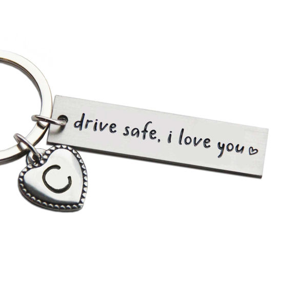 Picture of OFlyDesigns Personalized Initial Key Chain Gift, Drive Safe I Love You, Stamped Stainless Steel Keychain, Valentine's Gift, New Driver Gift, to Boyfriend, Personalized First Car Key Chain Drive Safe