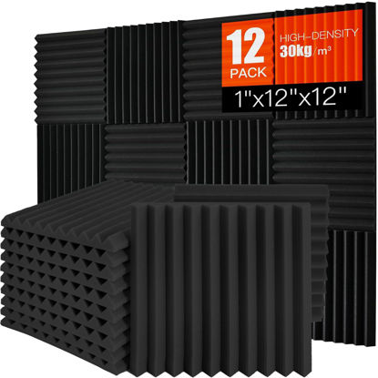 Picture of Acoustic Foam Panels 12 Pack 1" x 12"x 12" High Density Soundproofing Wedges for Wall Sound Proof Foam Panels Noise Absorbing Blocker and Sound-Damping Black Perfect for Studio Office Gaming Room