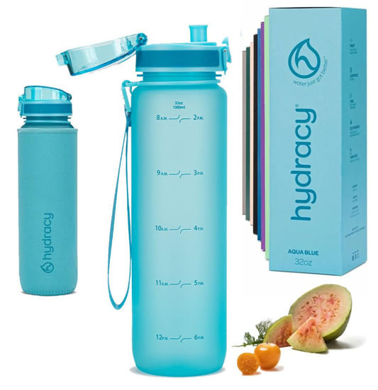 Picture of Hydracy 32 oz Motivational Water Bottle with Time Marker, 1 Liter Water Jug, Reusable Gym Water Bottle With Strap, Leak Proof Chug Lid, Bike Bottle with Fruit Infusion Strainer