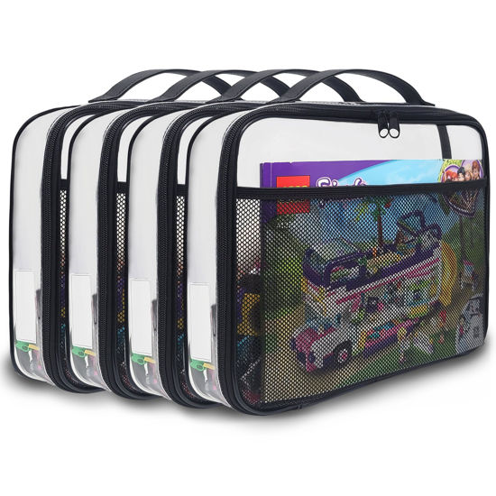 Picture of holay 4 Packs PVC Zippered Blocks Set, Toy, Clay, Board game Storage Organizer Case (Name Tag, Manual Pocket) (Black, Large)
