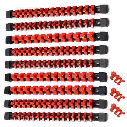 Picture of ALOANES 9 PC ABS Socket Organizer, 1/2 inch, 3/8 inch and 1/4 inch Drive Socket Rail Holders, Heavy Duty Socket Racks, Black Rails with Red Clips