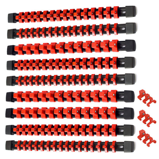 Picture of ALOANES 9 PC ABS Socket Organizer, 1/2 inch, 3/8 inch and 1/4 inch Drive Socket Rail Holders, Heavy Duty Socket Racks, Black Rails with Red Clips