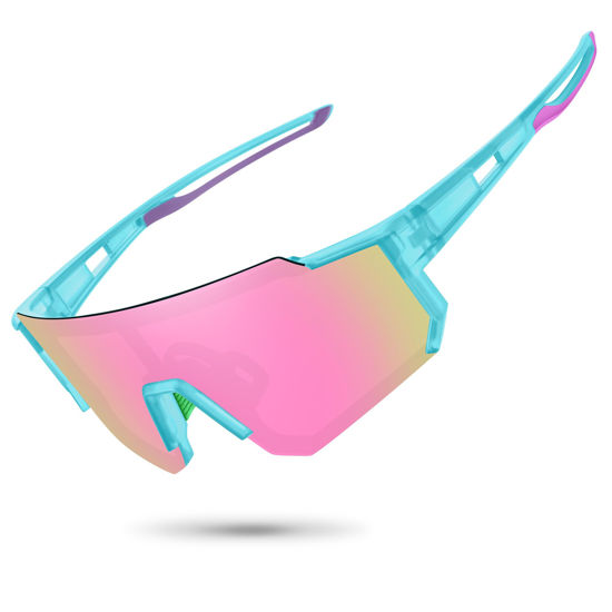 Picture of STORYCOAST Polarized Sports Sunglasses for Men Women,Driving Fishing Cycling Mountain Bike Sunglasses UV400 Protection Clear Blue Frame-Pink Mirror Lens