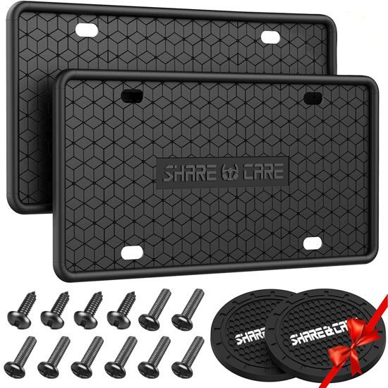 Picture of QiqaMole 2 Pack Silicone License Plate Frame, Front Back License Plate Cover, License Plate Bracket Holder Rust-Proof Rattle-Proof Weather-Proof for US CA Standard Car & 2Pcs Water Coaster (Black)