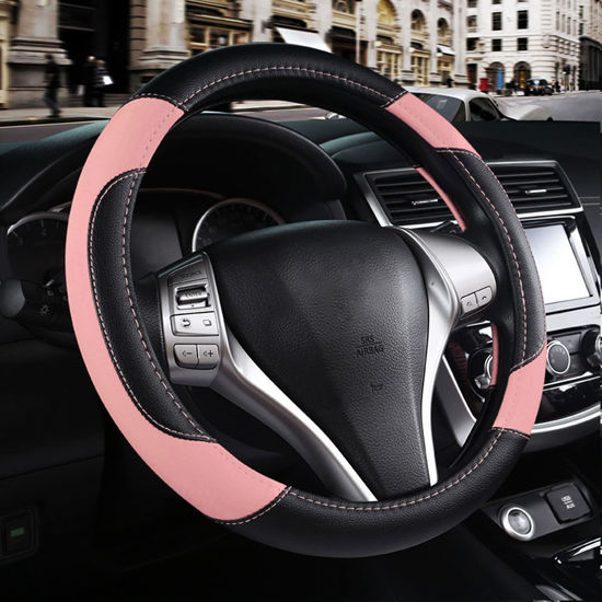 Picture of Leather Car Steering Wheel Cover, Non-Slip Car Wheel Cover Protector Breathable Microfiber Leather Universal Fit for Most Cars(Pink)