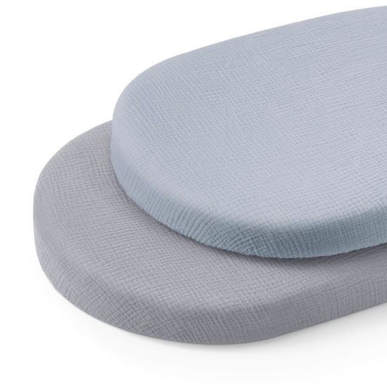 Picture of Blissful Diary Muslin Bassinet Sheets for Baby Girls Boys, Boho Soft Cotton Fitted for Oval Hourglass Rectangle Mattress, 2 Pack(Light Blue&Grey)