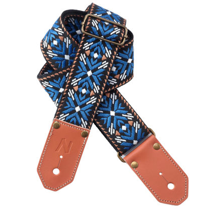 Picture of Nefelibata Cool Woven Guitar Strap - Cotton Guitar Straps with Thicked First Layer Vegetable Tanned Cowhide Leather Ends for Acoustic, Bass, Electric, Best Gift for Your Love Guitarists (Glamour Blue)