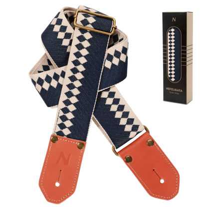 Picture of Nefelibata Cool Woven Guitar Strap - Cotton Guitar Straps with Thicked First Layer Vegetable Tanned Cowhide Leather Ends for Acoustic, Bass, Electric, Best Gift for Your Love Guitarists (Diamond Blue)