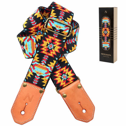 Picture of Nefelibata Cool Woven Guitar Strap - Cotton Guitar Straps with Thicked First Layer Vegetable Tanned Cowhide Leather Ends for Acoustic, Bass, Electric, Best Gift for Your Love Guitarists(Boho Yellow)