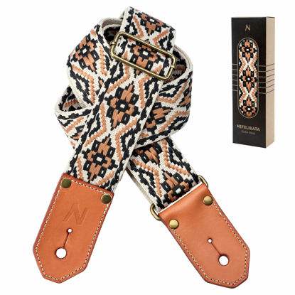 Picture of Nefelibata Cool Woven Guitar Strap - Cotton Guitar Straps with Thicked First Layer Vegetable Tanned Cowhide Leather Ends for Acoustic, Bass, Electric, Best Gift for Your Love Guitarists (Khaki)