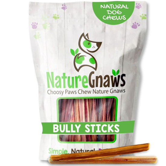 Picture of Nature Gnaws Extra Thin Bully Sticks for Small Dogs 5-6" (50 Count) - Long Lasting for Light Chewers and Puppies - Natural Beef Dog Chew Bone