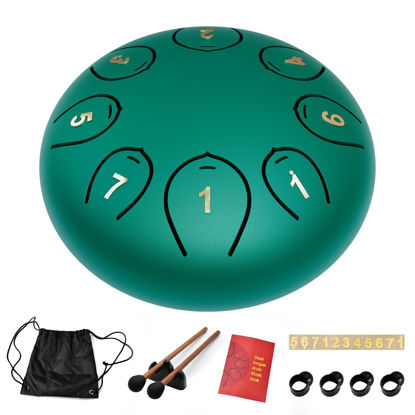 Picture of Steel Tongue Drum 6 Inch 8 Notes, Tongue Drum C major, Hang Drum Instrument, Handpan Drum for Kids, Ethereal Drum for Rain Meditation Yoga Musical Education, Green