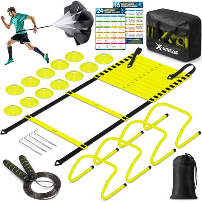 Picture of Agility Ladder Speed Training Equipment Set: 20ft Agility Ladder,12 Soccer Cones,4 Adjustable Hurdles, Jump Rope, Running Parachute Basketball Football Soccer Training Equipment for Kids Youth Adults