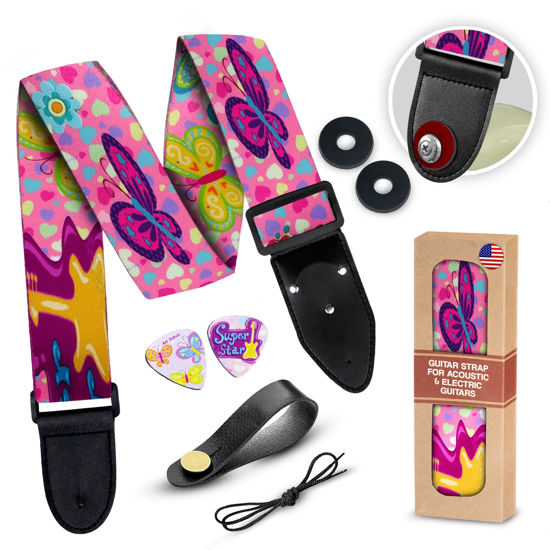 Picture of Guitar Strap For Acoustic Guitar , Electric Guitar and Bass Guitar, Adjustable Pink Woven Guitar Strap W/ FREE BONUS 2 Picks + Strap Locks + Strap Button. Gift Set For Men & Women Guitar players