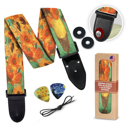 Picture of Van Gogh "Sunflowers" Guitar Strap for Bass Guitar, Electric Guitar & Acoustic Guitar Includes 2 Strap Locks & 2 Matching Van Gogh Picks Christmas GIft & Stocking Stuffer Adjustable Guitar Strap