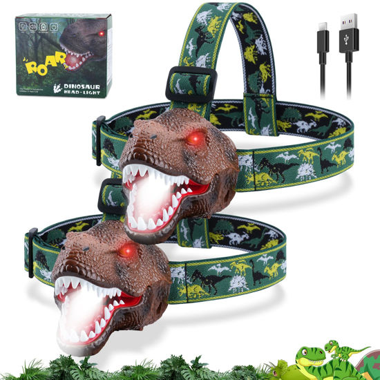 Picture of Nitigo Dinosaur Headlamp for Kids Flashlight 2 Pack, Rechargeable Led Headlights Roar & Silent Mode, T-Rex Dinosaur Toys, Camping Gear, Gifts for Boys Girls Adults