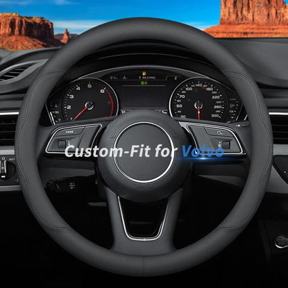 Picture of Deer Route Custom-Fit for Volvo Steering Wheel Cover, Premium Leather Car Steering Wheel Cover with Logo, Non-Slip, Breathable, for Volvo Accessories (B-Style,for Volvo)