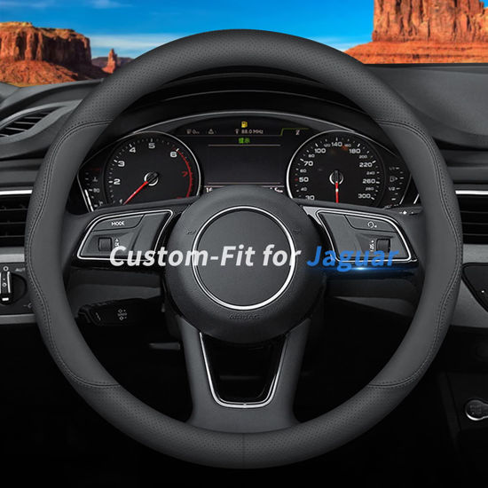 Picture of Deer Route Custom-Fit for Jaguar Steering Wheel Cover, Premium Leather Car Steering Wheel Cover with Logo, Non-Slip, Breathable, for Jaguar Accessories (B-Style,for Jaguar)