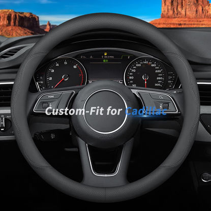 Picture of Deer Route Custom-Fit for Cadillac Steering Wheel Cover, Premium Leather Car with Logo, Non-Slip, Breathable, Accessories (B-Style, Cadillac)