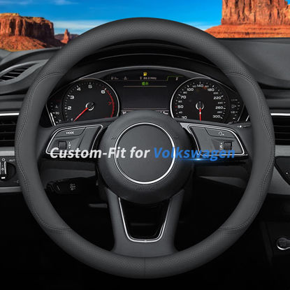 Picture of Deer Route Custom-Fit for Volkswagen Steering Wheel Cover, Premium Leather Car Steering Wheel Cover with Logo, Non-Slip, Breathable,
