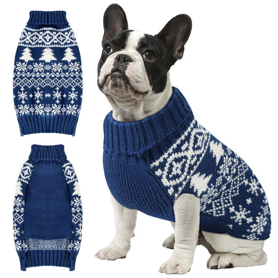 Picture of Christmas Dog Sweaters for Small Large Dogs Girl, Soft Warm Pup Dogs Shirt, Turtleneck Dog Sweaters for Medium Large Dogs, Double Knitting Collar for Outdoors Playing, Warm Dog Cat Clothes (Blue, XXS)