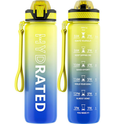 Picture of QLUR Water Bottle with Straw, 32oz Motivational Water Bottles with Time Marker to Drink, Tritan BPA Free, 1L Sports Water Bottle with Carry Strap LeakProof for Women Gym Fitness Outdoor (1 Pack)