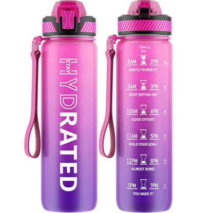 Picture of QLUR Water Bottle with Straw, 32oz Motivational Water Bottles with Time Marker to Drink, Tritan BPA Free, 1L Sports Water Bottle with Carry Strap LeakProof for Women Gym Fitness Outdoor (1 Pack)