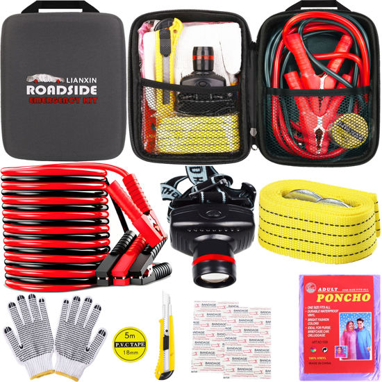 Picture of LIANXIN Car Roadside Emergency Kit, with Jumper Cables Automotive Kit,Car Safety Roadside Assistance Kit Headlamp,Tow Straps,Art Knife, Rainwear, Gloves.Grey