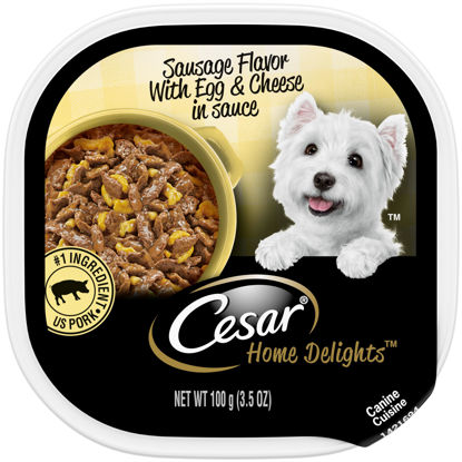 Picture of CESAR HOME DELIGHTS Adult Wet Dog Food Sausage Flavor with Egg and Cheese in Gravy, 3.5 oz. Easy Peel Trays, Pack of 24