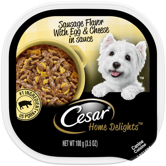 Picture of CESAR HOME DELIGHTS Adult Wet Dog Food Sausage Flavor with Egg and Cheese in Gravy, 3.5 oz. Easy Peel Trays, Pack of 24