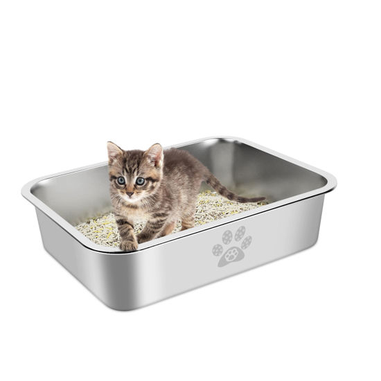 Picture of PWTAA Stainless Steel Cat Litter Box High Side Cats Toilet Metal Kitten Litter Pan, Pet Cleaning Tool for Big and Small Cats, Rabbits, Splash-Proof and Non-Stick Cat Poop Box odorless 15.7"x11.8"x3.9"