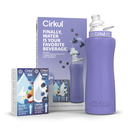 Picture of Cirkul 32oz. Matte Periwinkle Stainless Steel Water Bottle Starter Kit with Periwinkle Lid, 2 Flavor Cartridges (1 LifeSip Blackberry Blueberry, 1 GoSip Berry Blue Punch) Zero Calories and No Sugar