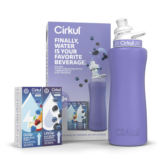 Picture of Cirkul 32oz. Matte Periwinkle Stainless Steel Water Bottle Starter Kit with Periwinkle Lid, 2 Flavor Cartridges (1 LifeSip Blackberry Blueberry, 1 GoSip Berry Blue Punch) Zero Calories and No Sugar