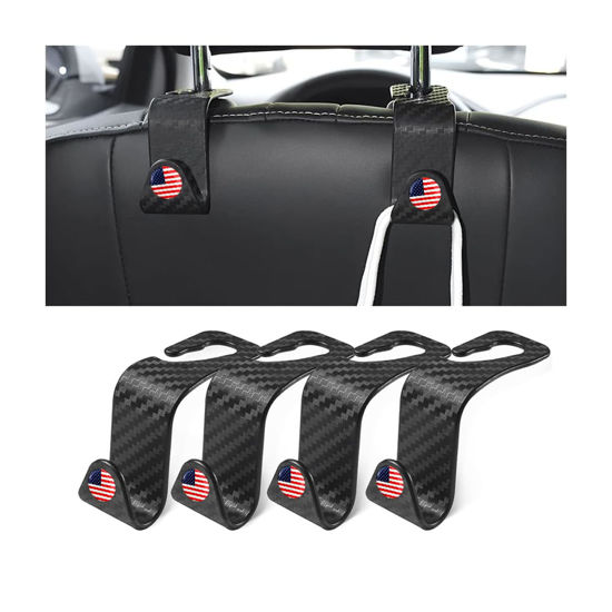 Picture of 4PCS Car Seat Headrest Hooks, Auto Back Seat Hanger Holder, Durable Stylish Vehicle Organizer Universal Car Interior Accessories, Storage Hooks for Purses, Bags, Clothes, Coats (Carbon Fiber/Red Flag)