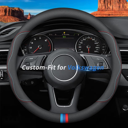 Picture of Deer Route Custom-Fit for Volkswagen Steering Wheel Cover, Premium Leather Car with Logo, Non-Slip, Breathable, Accessories (C-Style, Volkswagen)