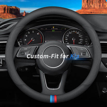 Picture of Deer Route Custom-Fit for Kia Steering Wheel Cover, Premium Leather Car Steering Wheel Cover with Logo, Non-Slip, Breathable, for