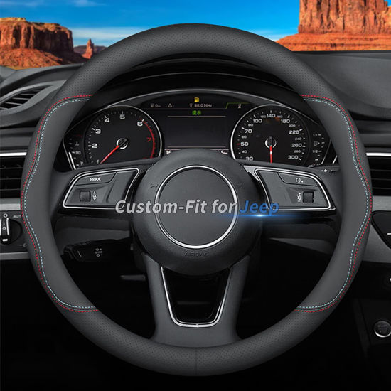 Picture of Deer Route Custom-Fit for Jeep Steering Wheel Cover, Premium Leather Car Steering Wheel Cover with Logo, Non-Slip, Breathable, for Jeep Accessories (A-Style,for Jeep)