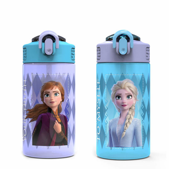 Picture of Zak Designs Disney Frozen 2 Kids Water Bottle Set with Reusable Straws and Built in Carrying Loops, Made of Plastic, Leak-Proof Designs 16 oz, BPA-Free, 2pc Set, Elsa & Anna (Frozen 2)