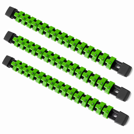Picture of ALOANES 3 PC ABS Socket Organizer, 3/8 inch, Drive Socket Rail Holders, Heavy Duty Socket Racks, Black Rails with Green Clips