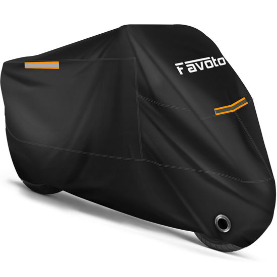 Picture of Favoto Motorcycle Cover Waterproof All Season Sun Outdoor Protection Windproof Night Reflective with Lock-Holes Storage Bag Universal Fits up to 116" Motorcycles Vehicle Motorbike Cover