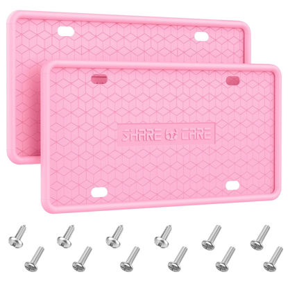 Picture of QiqaMole 2 Pack Silicone License Plate Frame Front Back License Plate Cover License Plate Bracket Holder Rust-Proof, Rattle-Proof, Weather-Proof, for US CA Standard Cars (Pink)