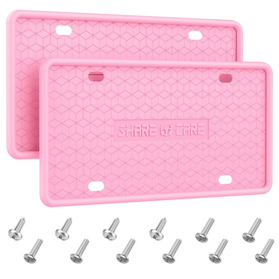 Picture of QiqaMole 2 Pack Silicone License Plate Frame Front Back License Plate Cover License Plate Bracket Holder Rust-Proof, Rattle-Proof, Weather-Proof, for US CA Standard Cars (Pink)