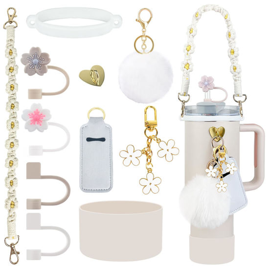 Picture of Velaco 11 PCS Cup Accessories for Stanley Cup, Water Bottle Handle Strap for Stanley 30/40 oz tumbler with handle, including Straw Toppers, Silicone Cup Boot, Keychain Charms - White