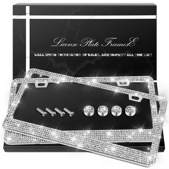 Picture of QUANQIUFEI 2 Pack Bling License Plate Frames, Sparkly Rhinestone Diamond Car License Plate Cover for Women, Stainless Steel Car Accessories with Glitter Crystal Caps (Silver)