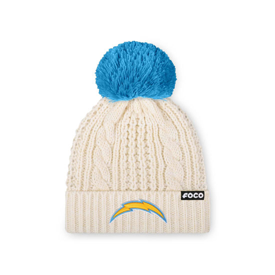 Picture of FOCO Women's Los Angeles Chargers NFL Team Logo Cable Knit Pom Beanie Hat, White