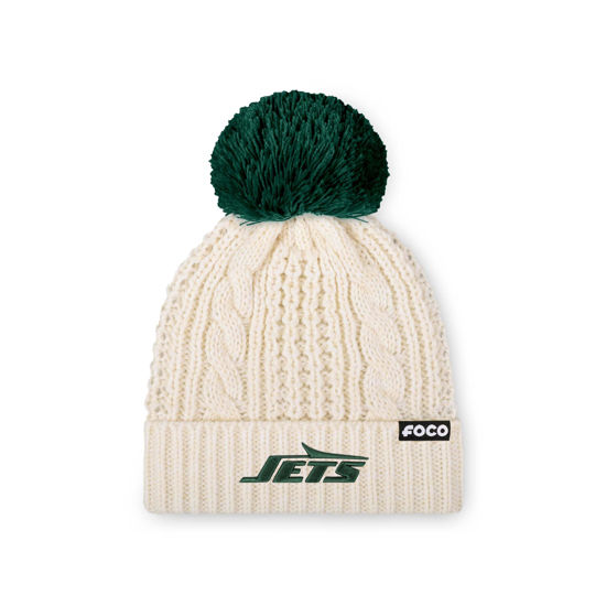 Picture of FOCO Women's New York Jets NFL Team Logo Cable Knit Pom Beanie Hat, White