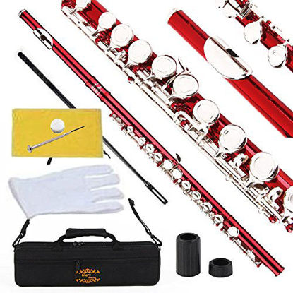 Picture of Glory Closed Hole C Flute With Case, Tuning Rod and Cloth,Joint Grease and Gloves, Red